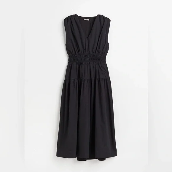 H&M Black Smocked Waist V Neck Sleeveless Midi Dress - Picture 2 of 11